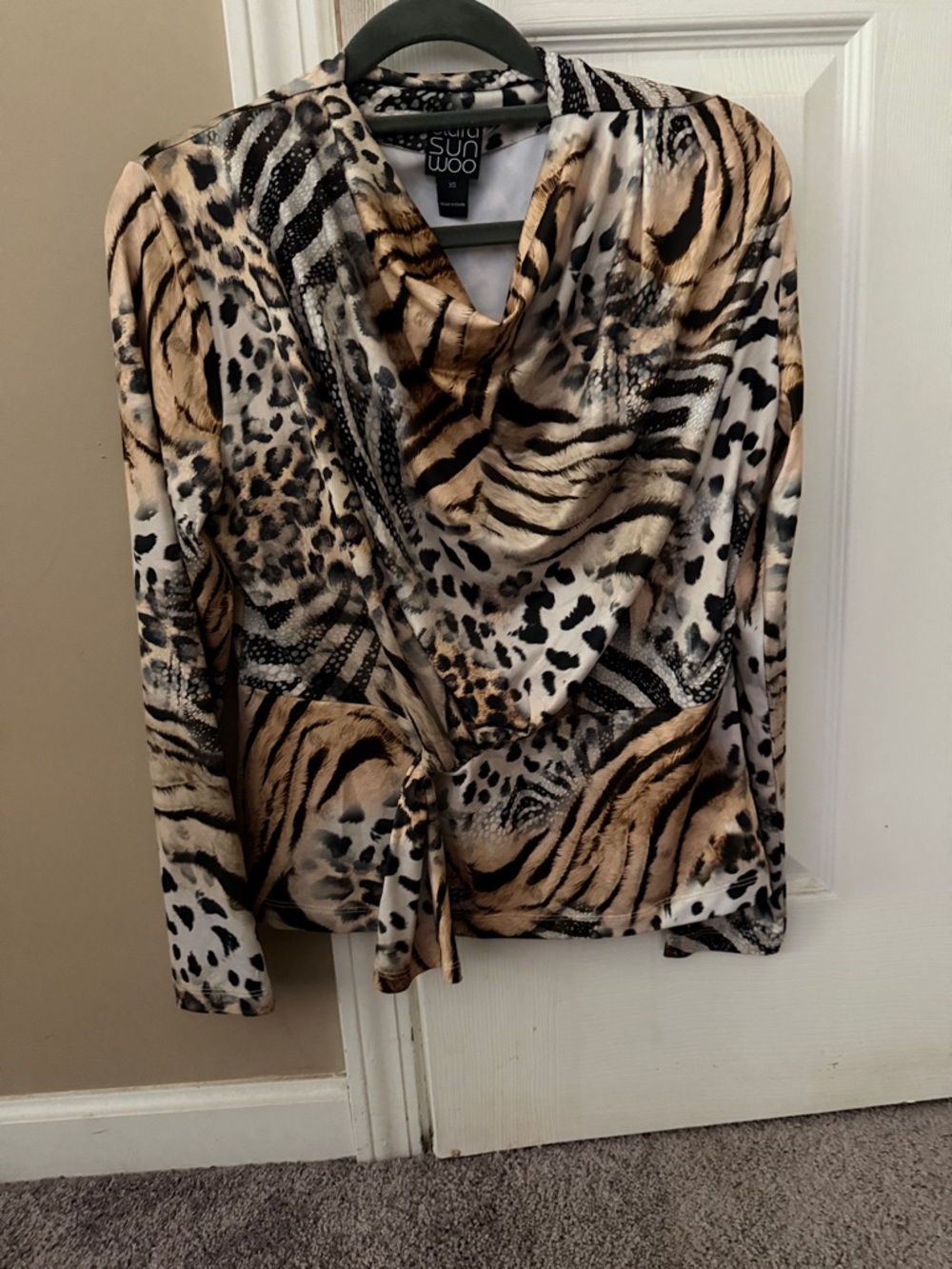 Clara Sun Woo Animal Print Long Sleeve Blouse in Tan, Black, Cream